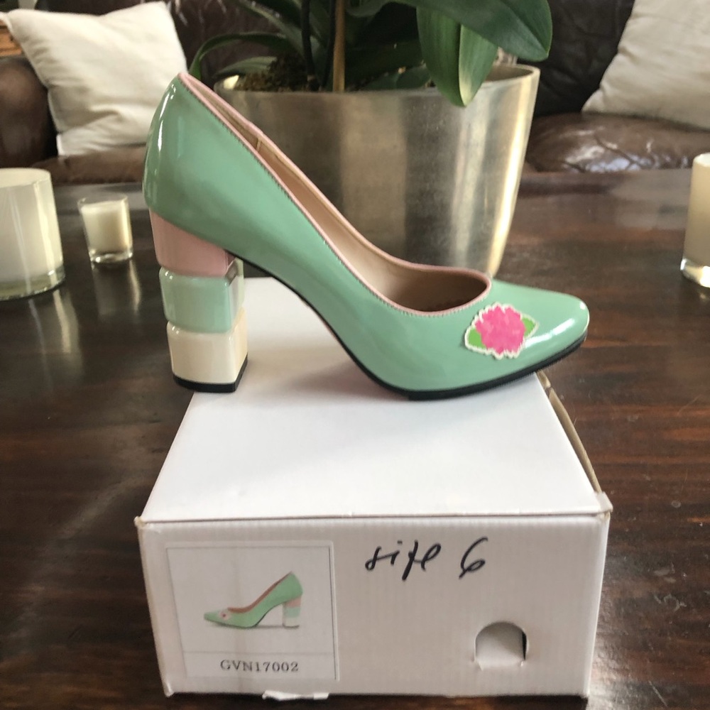 Mint Green Patent Block Heel Pumps with Pink Accent - Women